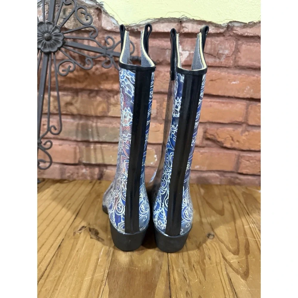 Corkys Nomad Yippy 6 Western Cowboy Cowgirl Rubber Rain Boots Blue Paisley Print